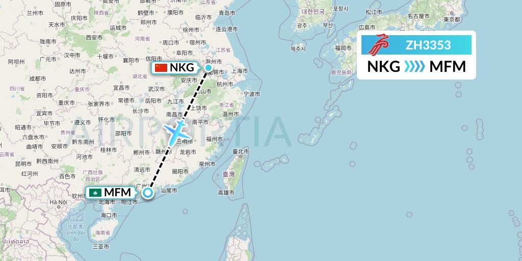 ZH3353 Shenzhen Airlines Flight Map: Nanjing to Macau