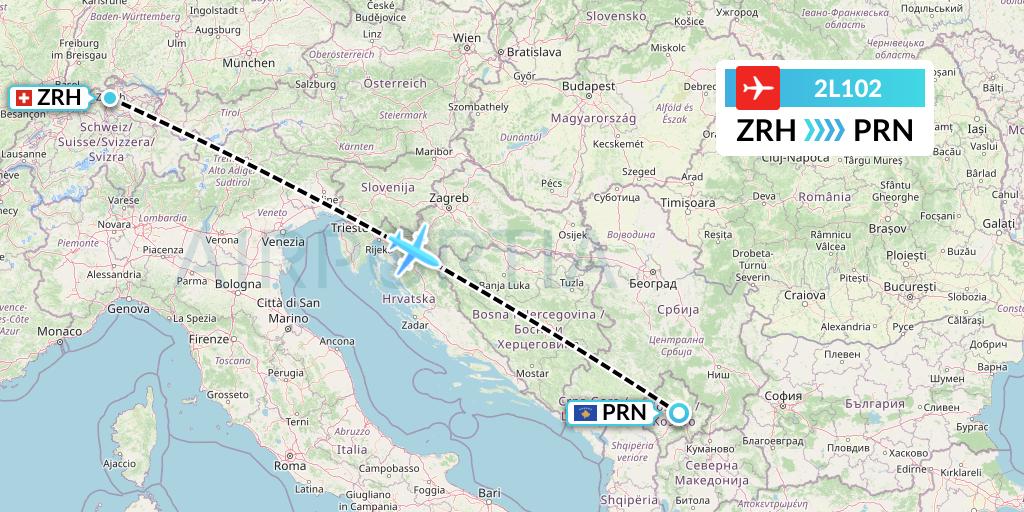 2L102 Helvetic Airways Flight Map: Zurich to Pristina