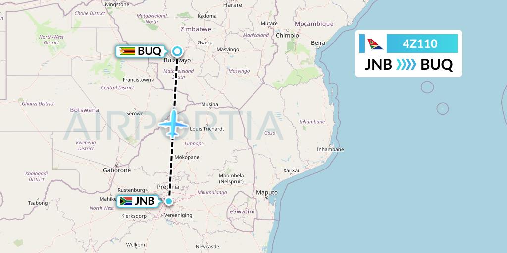 4Z110 Airlink Flight Map: Johannesburg to Bulawayo