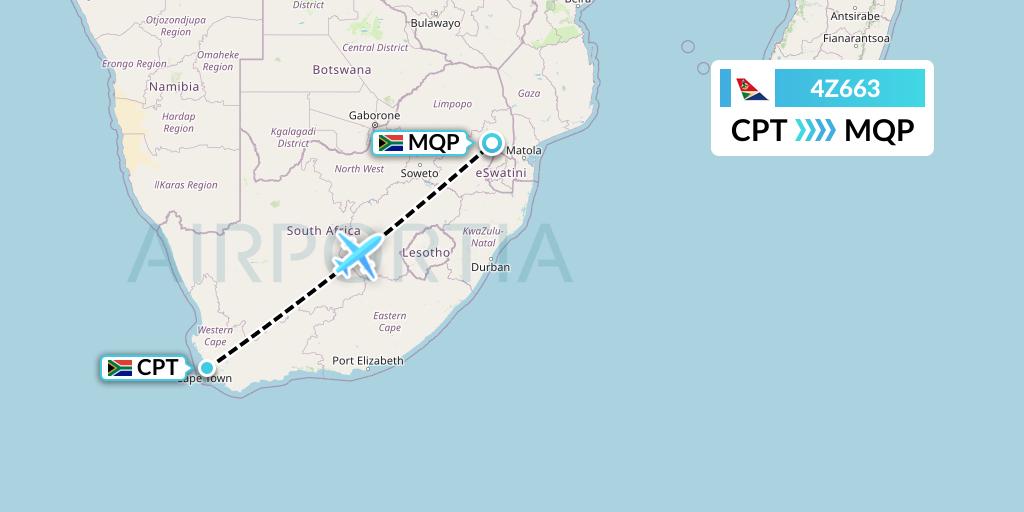 4Z663 Airlink Flight Map: Cape Town to Nelspruit