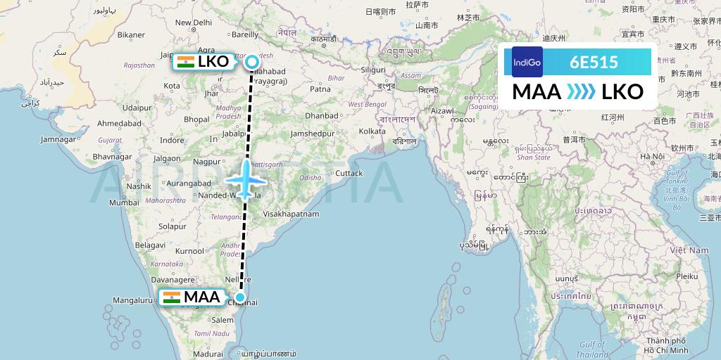 6E515 IndiGo Airlines Flight Map: Chennai to Lucknow