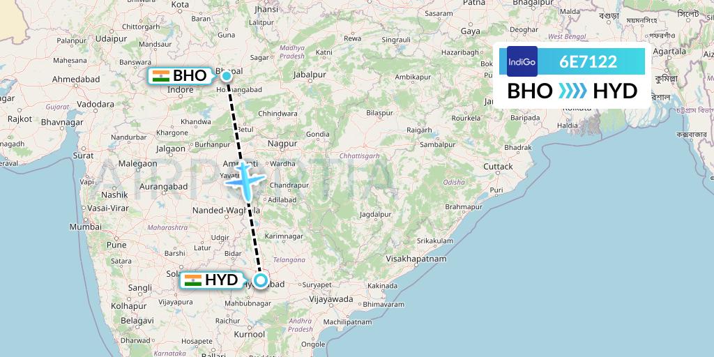 6E7122 IndiGo Airlines Flight Map: Bhopal to Hyderabad