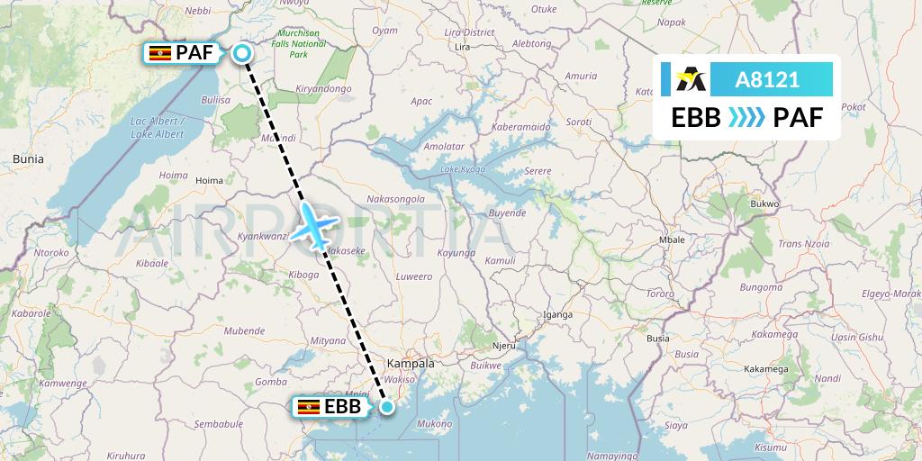A8121 Aerolink Uganda Flight Map: Entebbe to Uganda