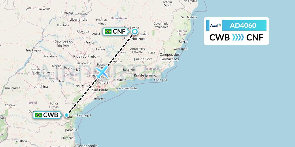 AD4060 Azul Brazilian Airlines Flight Map: Curitiba to Belo Horizonte