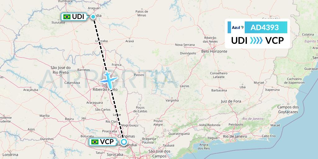 AD4393 Azul Brazilian Airlines Flight Map: Uberlandia to Campinas