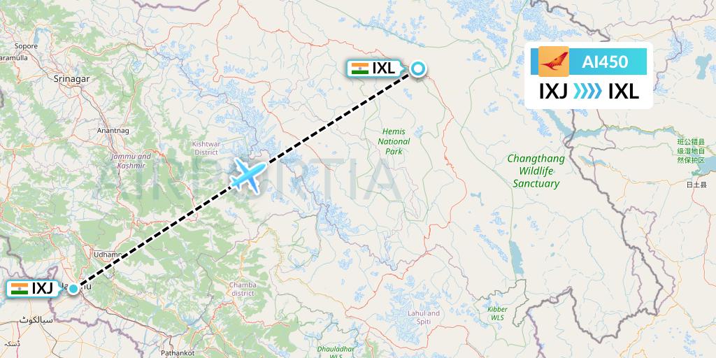 AI450 Air India Flight Map: Jammu to Leh