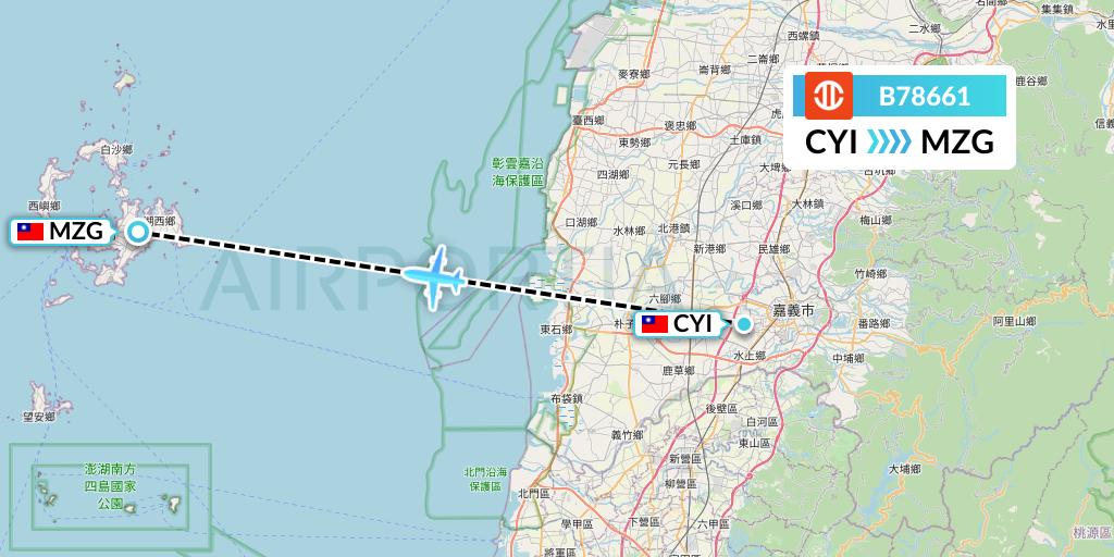 B78661 UNI Air Flight Map: Chiayi City to Makung
