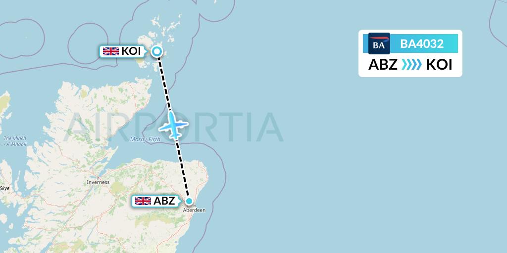 BA4032 British Airways Flight Map: Aberdeen to Kirkwall