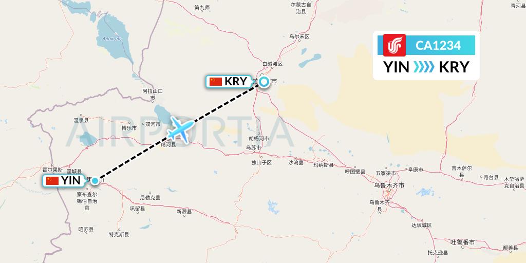 CA1234 Air China Flight Map: Yining to Karamay