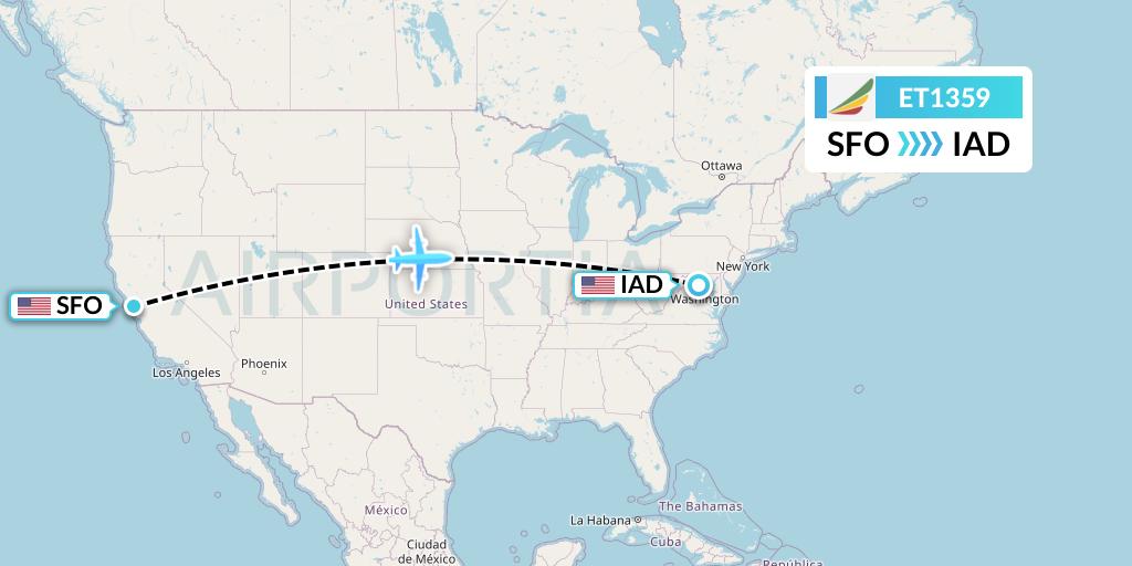ET1359 Ethiopian Airlines Flight Map: San Francisco to Washington