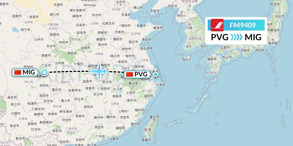 FM9409 Shanghai Airlines Flight Map: Shanghai to Mianyang