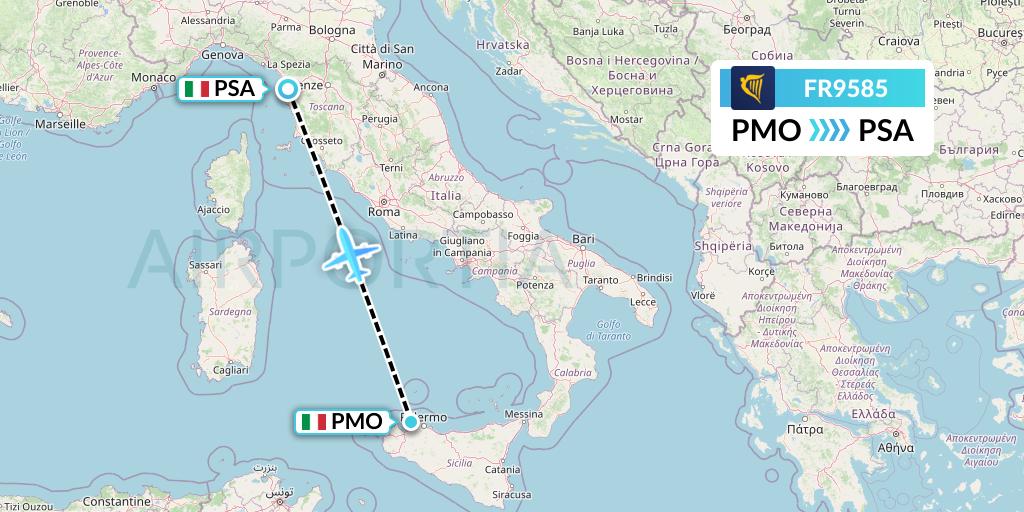 FR9585 Ryanair Flight Map: Palermo to Pisa