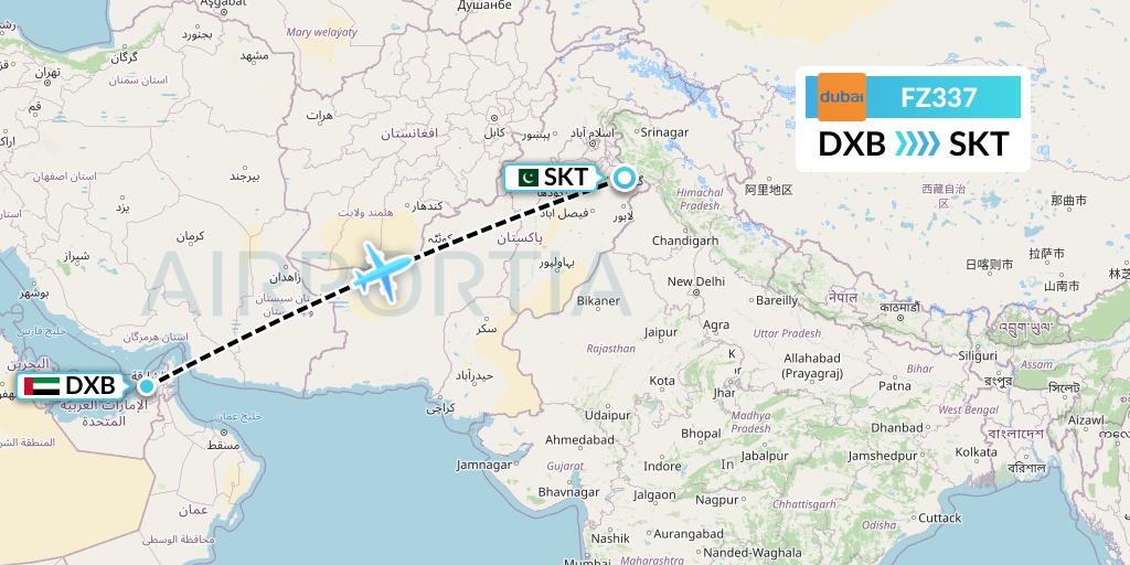 FZ337 FlyDubai Flight Map: Dubai to Sialkot