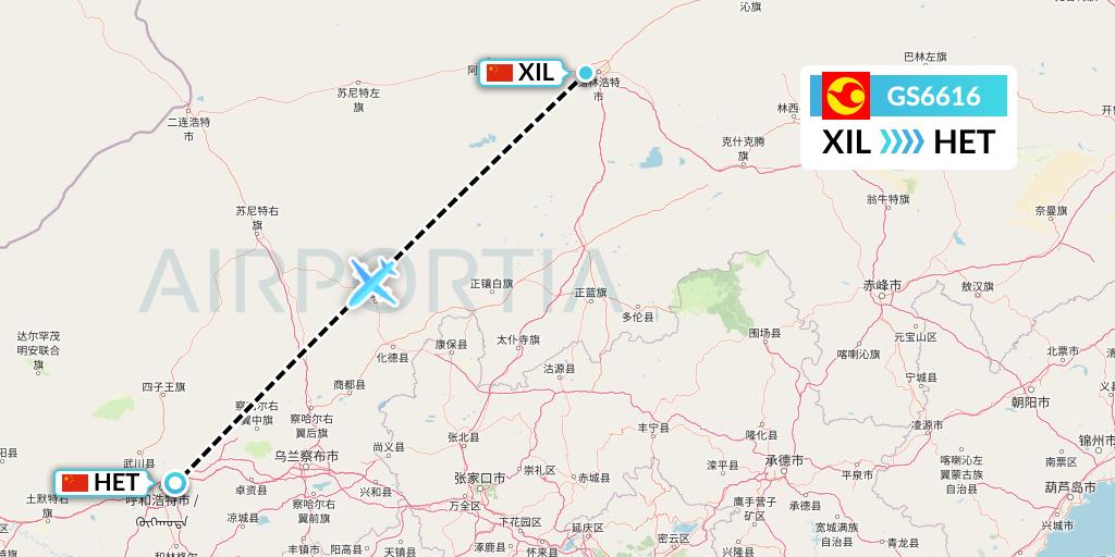 GS6616 Tianjin Airlines Flight Map: Xilinhot to Hohhot