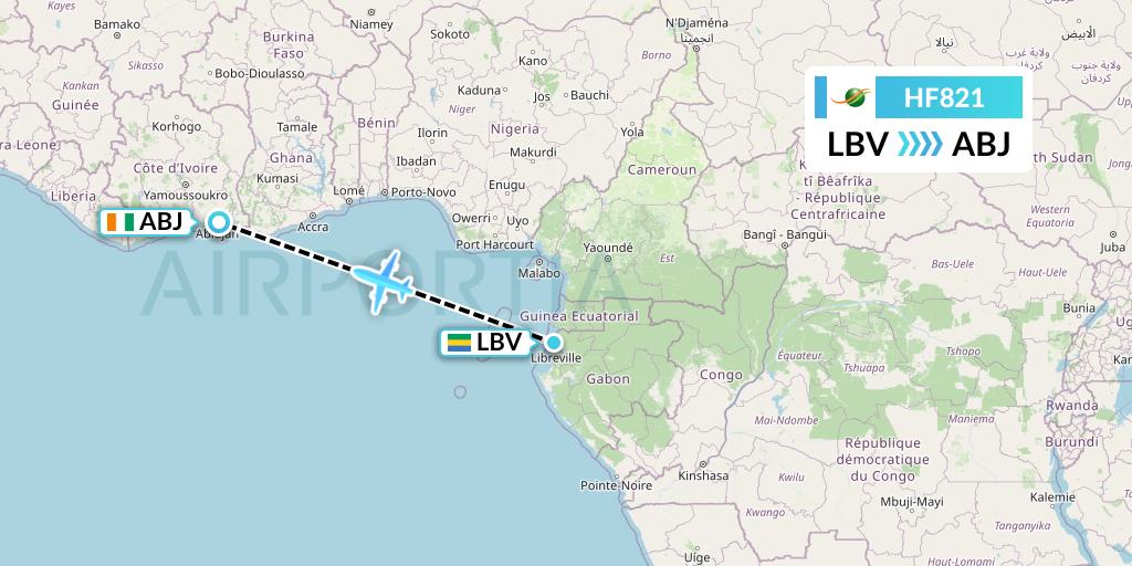 HF821 Air Cote d'Ivoire Flight Map: Libreville to Abidjan