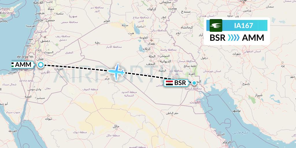 IA167 Iraqi Airways Flight Map: Basra to Amman
