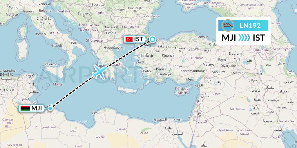 LN192 Libyan Airlines Flight Map: Tripoli to Istanbul