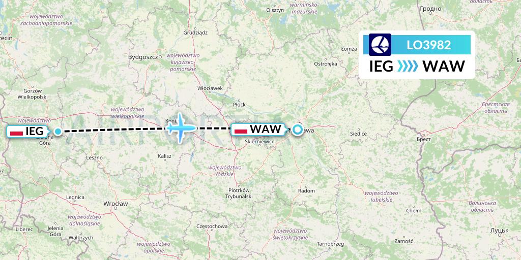 LO3982 LOT Flight Map: Zielona Gora to Warsaw