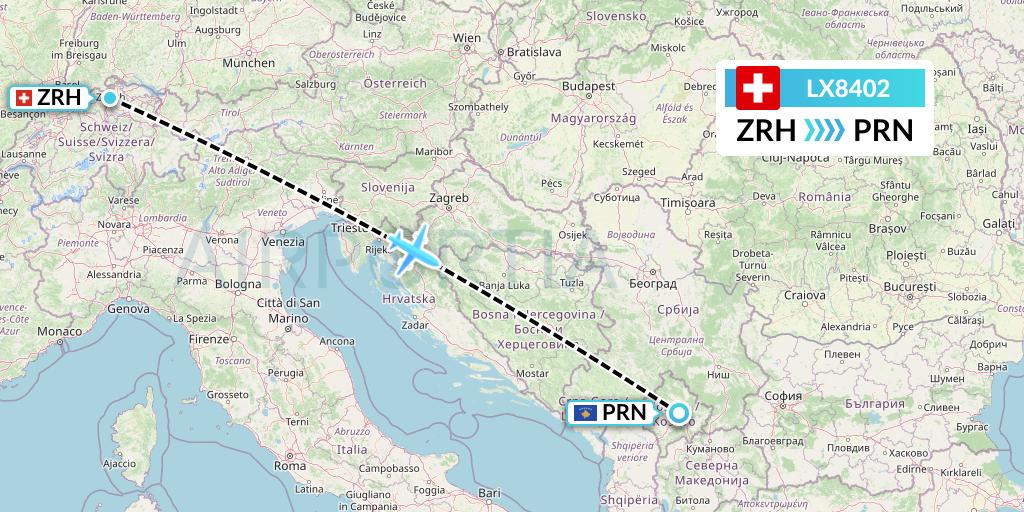LX8402 Swiss Flight Map: Zurich to Pristina