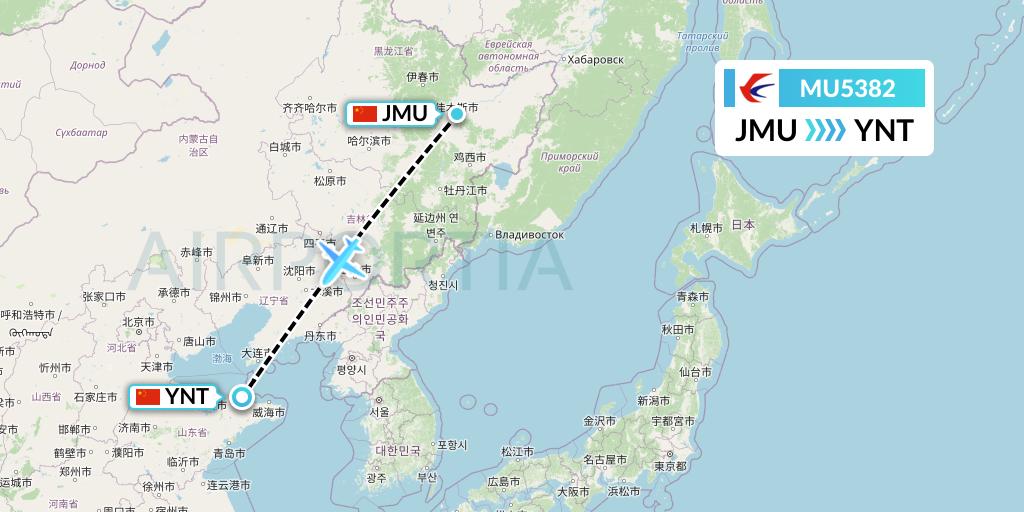 MU5382 China Eastern Airlines Flight Map: Jiamusi to Yantai