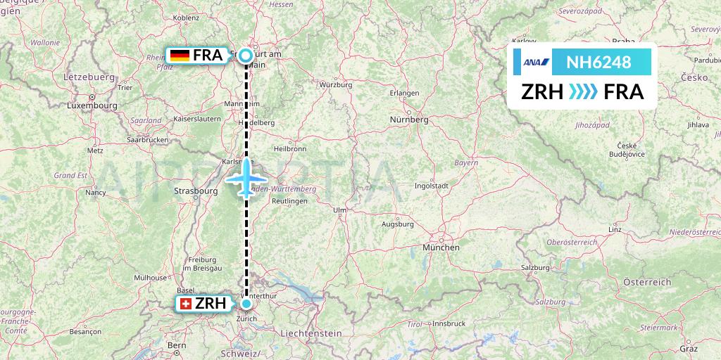 NH6248 All Nippon Airways Flight Map: Zurich to Frankfurt