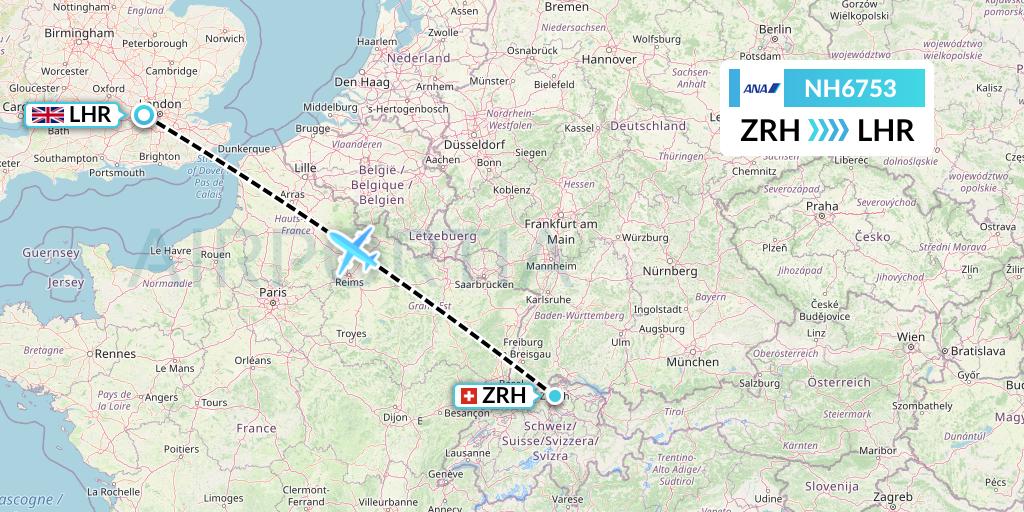 NH6753 All Nippon Airways Flight Map: Zurich to London