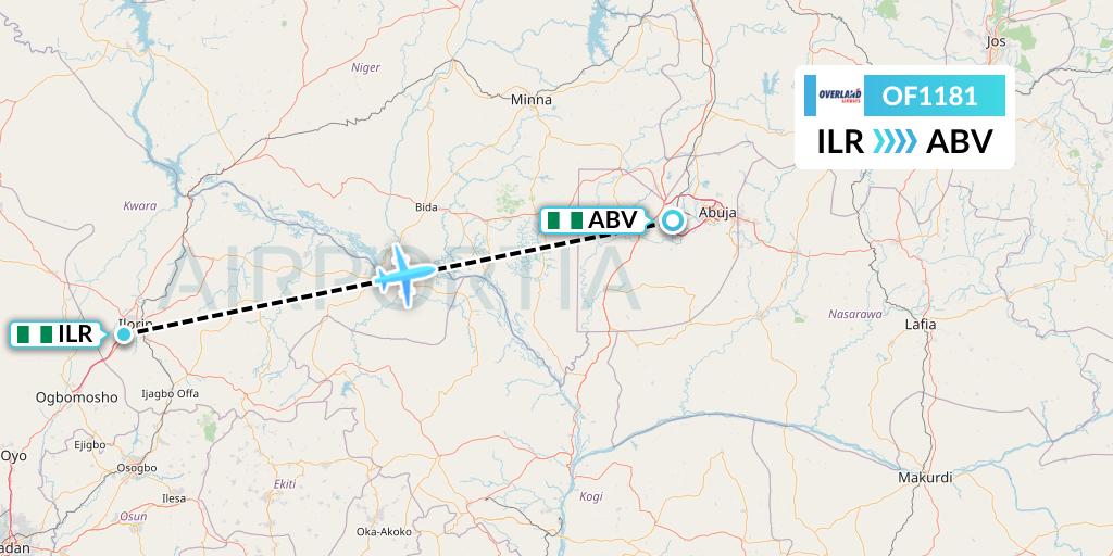 OF1181 Overland Airways Flight Map: Ilorin to Abuja