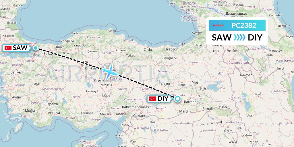 PC2382 Pegasus Airlines Flight Map: Istanbul to Diyarbakir