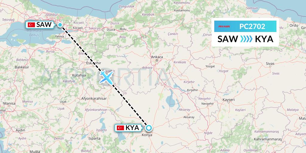 PC2702 Pegasus Airlines Flight Map: Istanbul to Konya