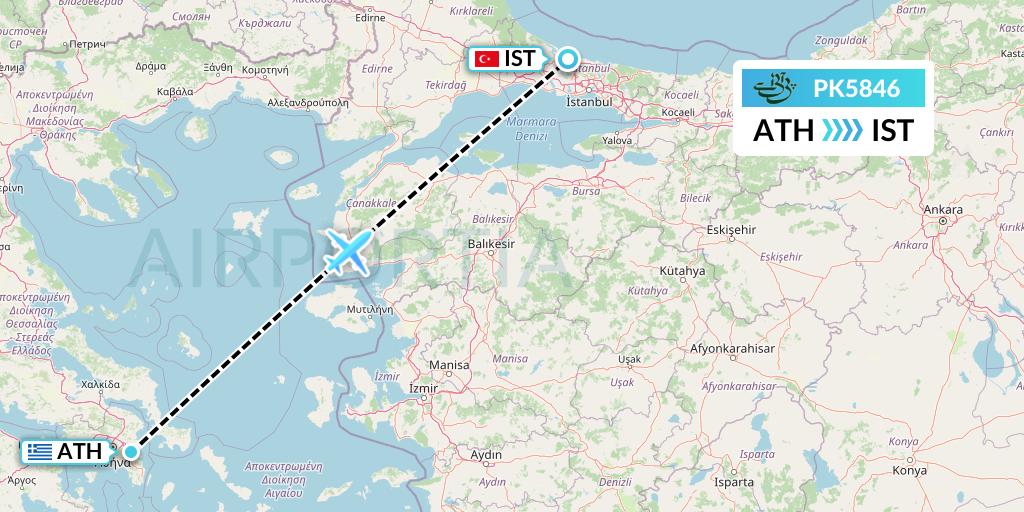 PK5846 Pakistan International Airlines Flight Map: Athens to Istanbul
