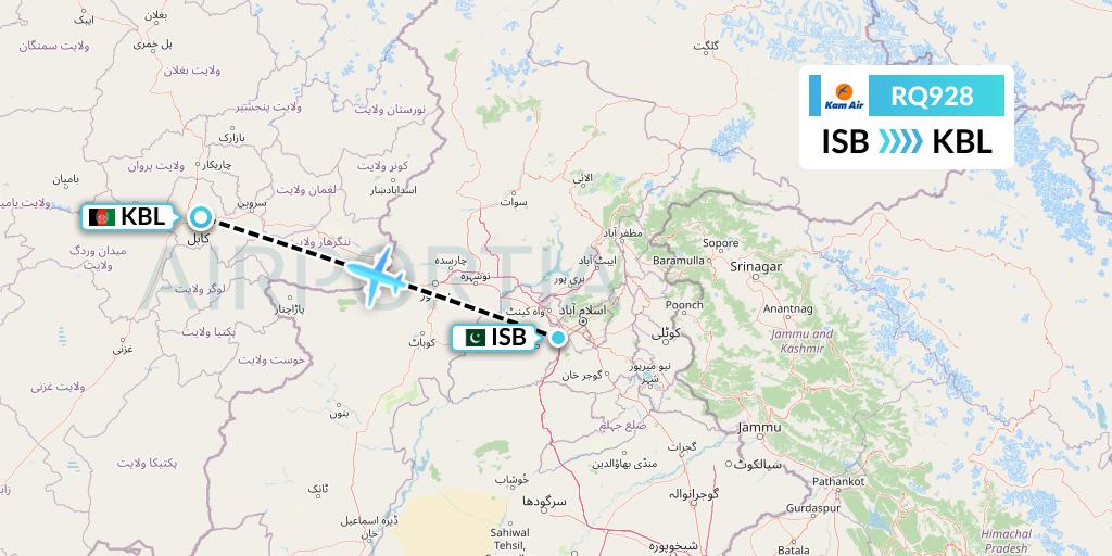 RQ928 Kam Air Flight Map: Islamabad to Kabul