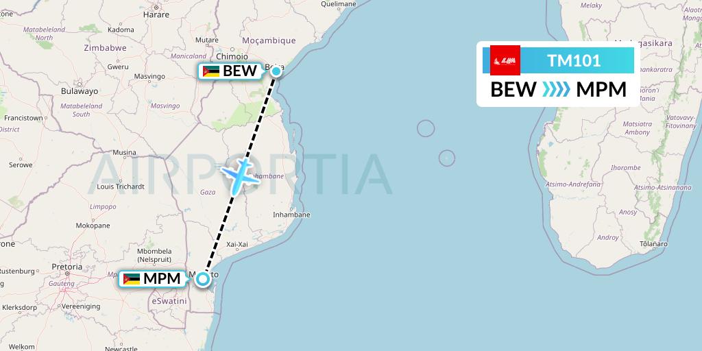 TM101 LAM Mozambique Airlines Flight Map: Beira to Maputo
