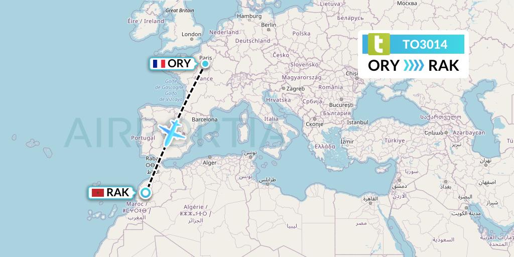 TO3014 Transavia France Flight Map: Paris to Marrakesh 