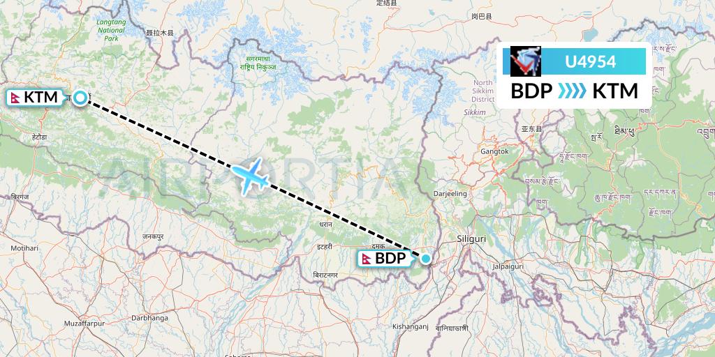 U4954 Buddha Air Flight Map: Bhadrapur to Kathmandu