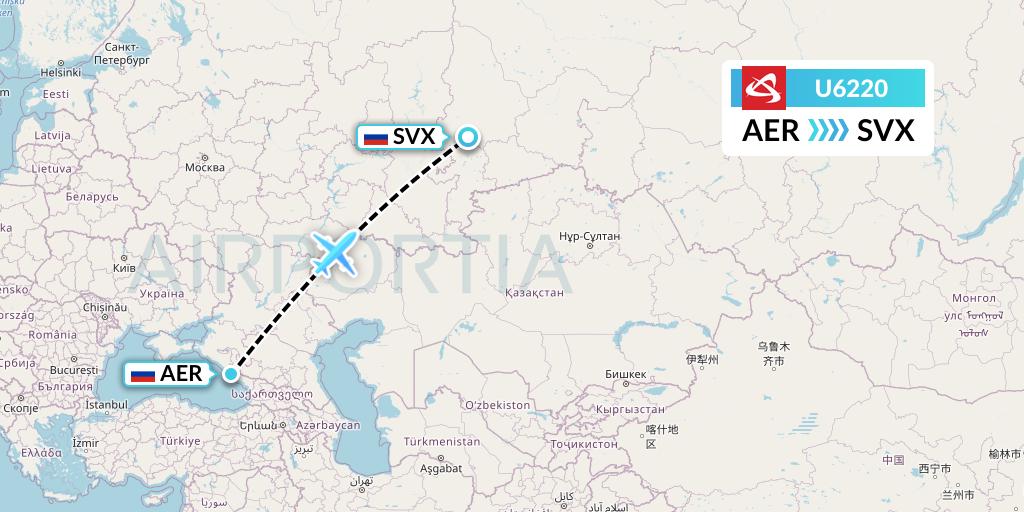 U6220 Ural Airlines Flight Map: Sochi to Yekaterinburg