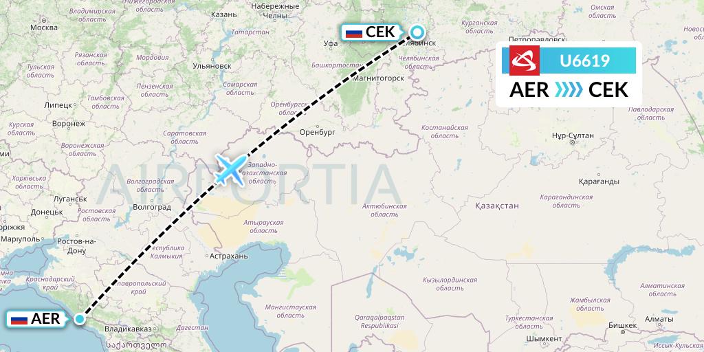U6619 Ural Airlines Flight Map: Sochi to Chelyabinsk