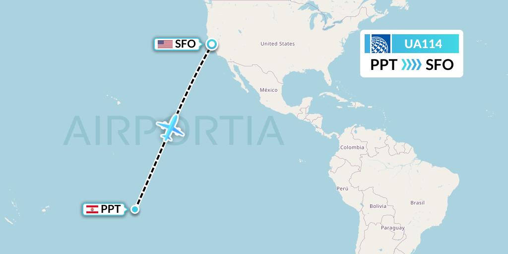 UA114 United Airlines Flight Map: Papeete to San Francisco