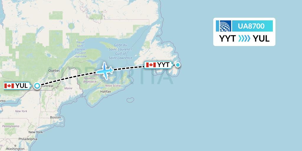 UA8700 United Airlines Flight Map: St. John's to Montreal