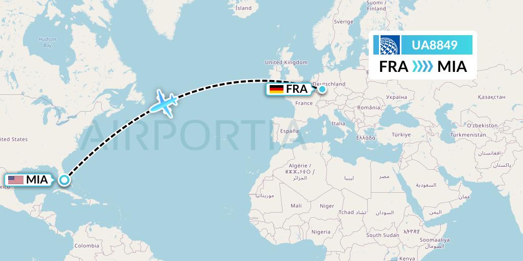 UA8849 United Airlines Flight Map: Frankfurt to Miami