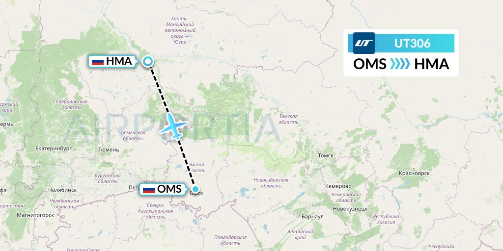 UT306 UTair Flight Map: Omsk to Khanty-Mansiysk