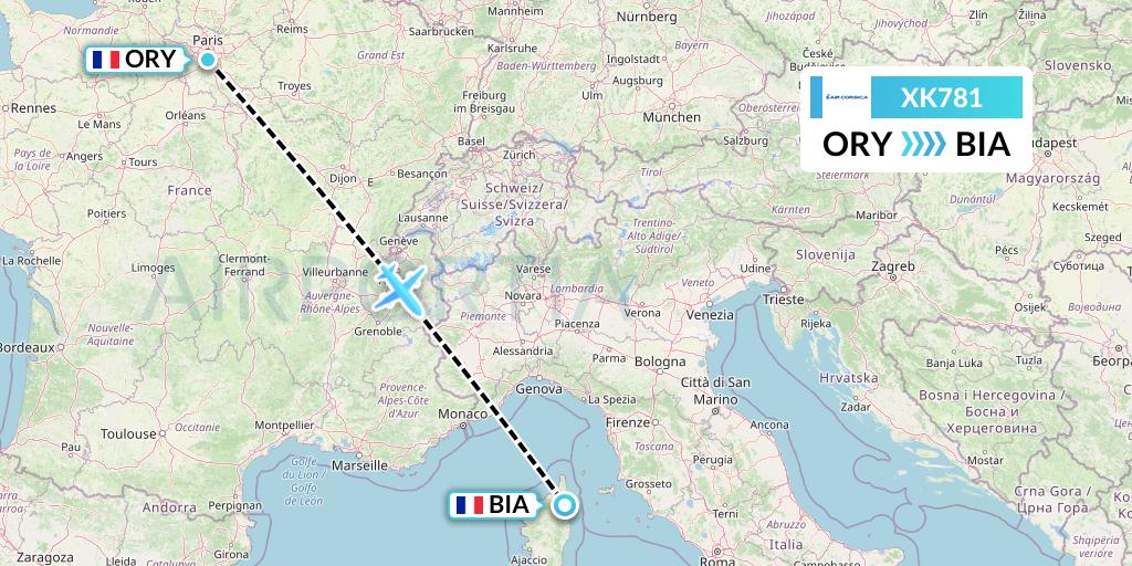 XK781 Air Corsica Flight Map: Paris to Bastia