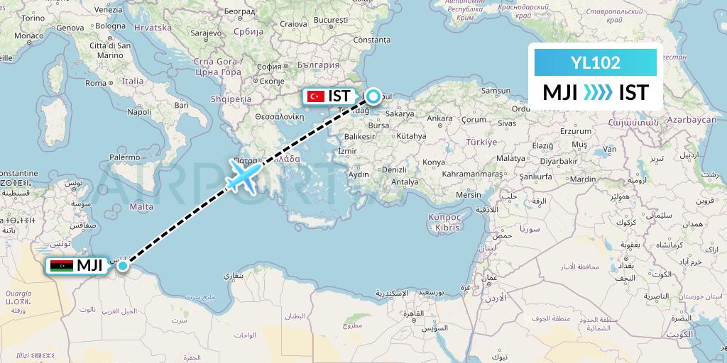 YL102 Libyan Wings Flight Map: Tripoli to Istanbul