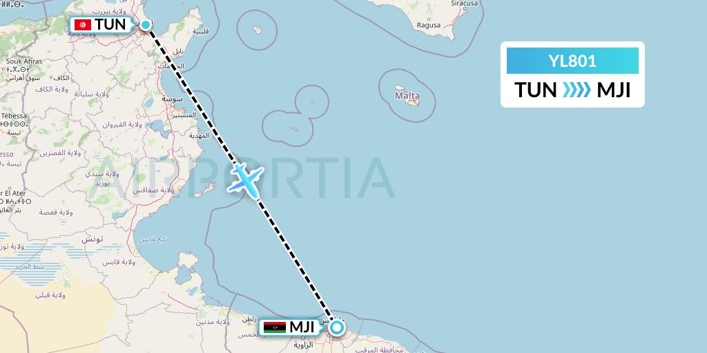YL801 Libyan Wings Flight Map: Tunis to Tripoli