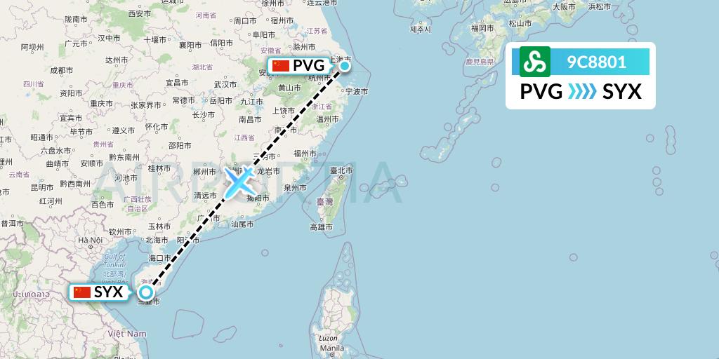 9C8801 Spring Airlines Flight Map: Shanghai to Sanya