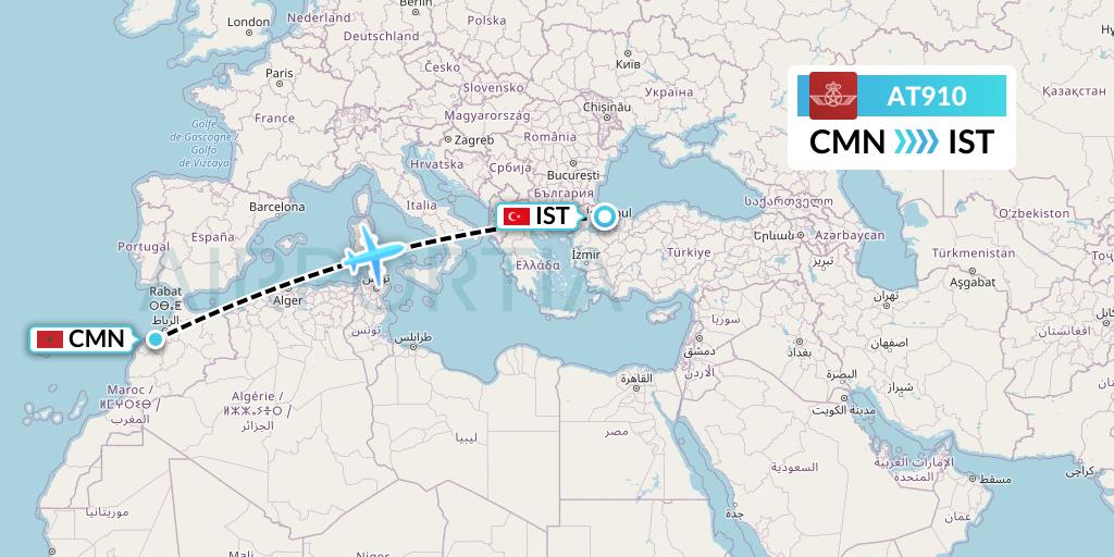 AT910 Royal Air Maroc Flight Map: Casablanca to Istanbul