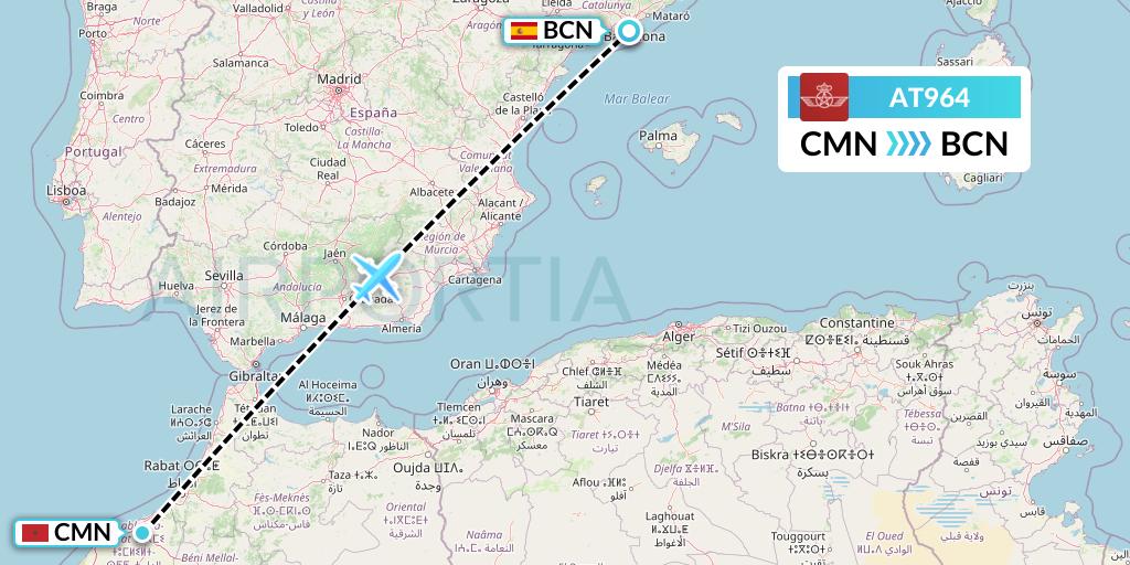 AT964 Royal Air Maroc Flight Map: Casablanca to Barcelona