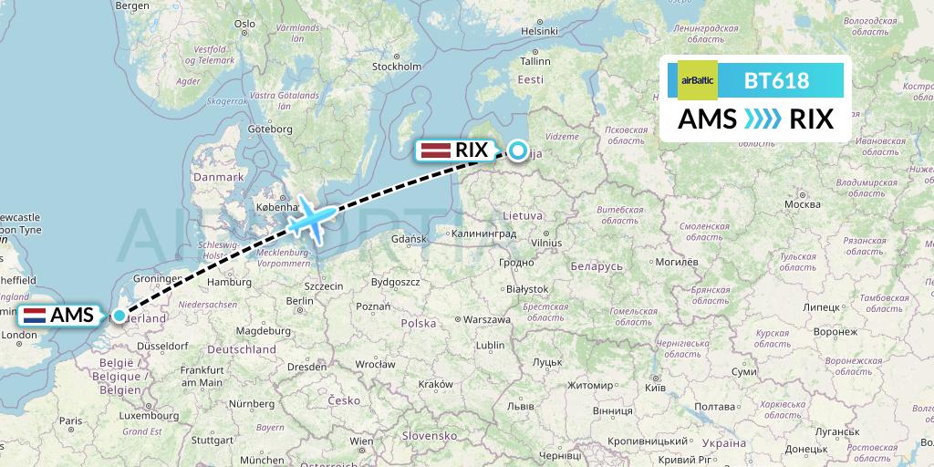BT618 Air Baltic Flight Map: Amsterdam to Riga