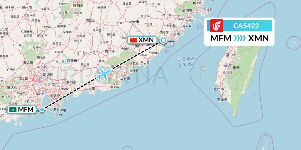 CA5422 Air China Flight Map: Macau to Xiamen