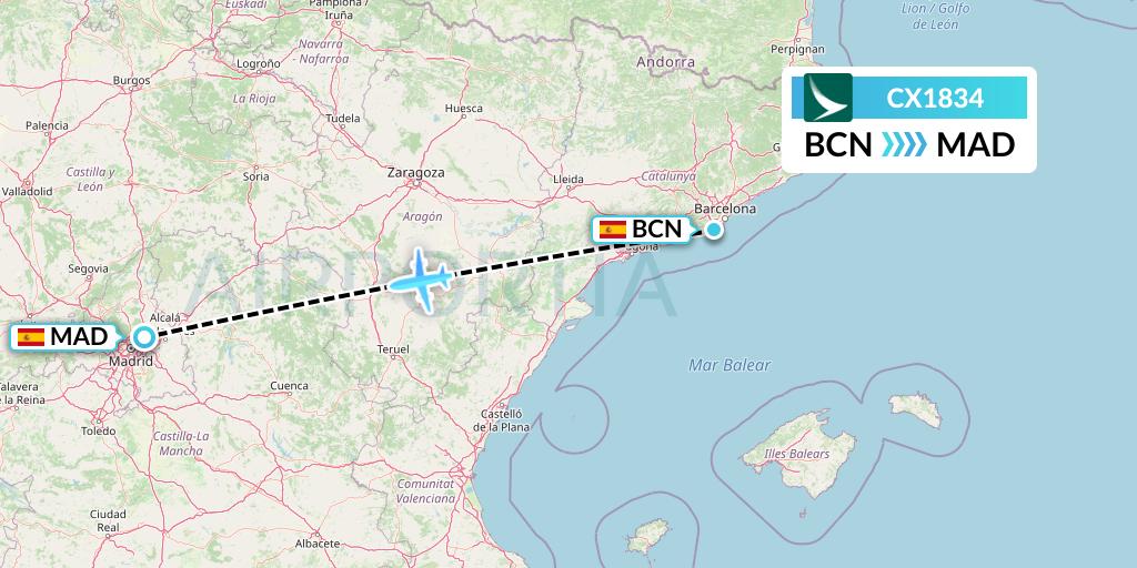 CX1834 Cathay Pacific Flight Map: Barcelona to Madrid