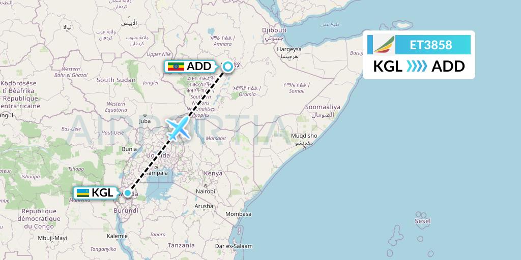 ET3858 Ethiopian Airlines Flight Map: Kigali to Addis Ababa